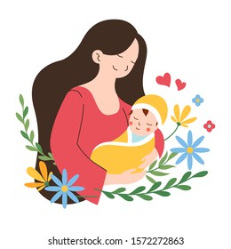 Mother holding her cute baby child vector flat illustration with flower botanical leaf ornament background for happy mother's day poster concept design