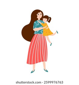 Mother holding her daughter illustration isolated on white background. Vector illustration in flat style.