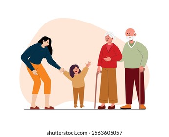 a mother is holding her daughter there are grandparents too, they are playing together.
design, vector, illustration