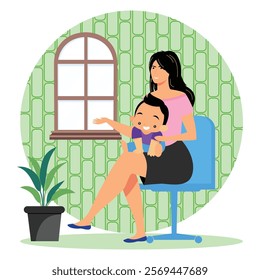A mother holding her happy child on her lap while seated in a cozy living room environment. Flat vector modern illustration 