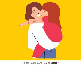 A mother is holding her little daughter and kissing her mother's cheek, full of happiness vector design