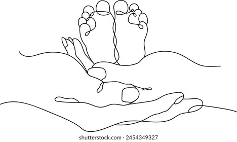 Mother holding her new born feet in her hands. Mothers day. One Line. Line Art.