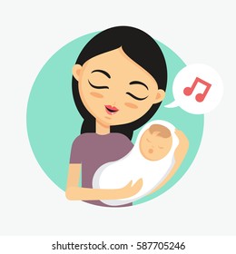 Mother holding her sleeping baby and singing a lullaby. How to take care of the child illustration