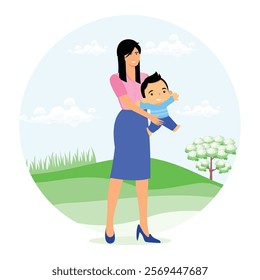 Mother holding her smiling baby boy in a green park during a sunny day, emphasizing family love and joyful outdoor activities. Flat vector modern illustration 