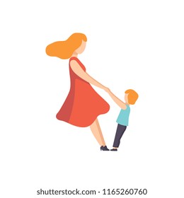 Mother holding her son by hands, Mom playing with her kid vector Illustration on a white background