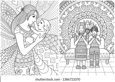 Mother holding her son with love and praying collection for adult coloring book, printing card and other design element. Vector illustration