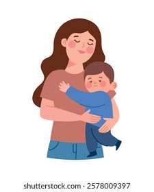 A mother holding her toddler in a loving embrace in cartoon style