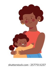 A mother holding her young daughter in a caring way in cartoon style