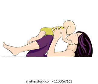 mother holding his baby loving and kissing , vector illustration colorful .