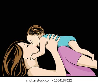 mother holding his baby loving and kissing , vector colorful  illustration 