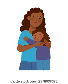 A Mother holding his young daughter in a gentle and caring way in cartoon style