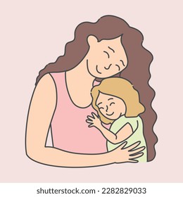 Mother is holding and hugging a child. Mom and daughter together. Mother’s Day theme. Vector art 