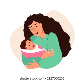 Mother holding and hugging newborn baby. Young mom cuddling wrapped infant with love. Woman parent with sleeping new born child in hands. Flat graphic vector illustration isolated on white background