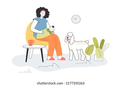 Mother holding infant baby, sitting in home chair. Maternal love and care from happy woman to kid flat vector illustration. Motherhood, maternity concept for banner, website design or landing web page