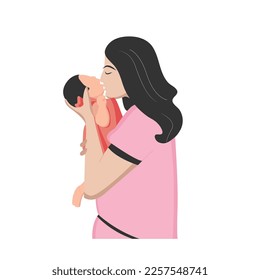 Mother holding and kissing baby children flat illustration