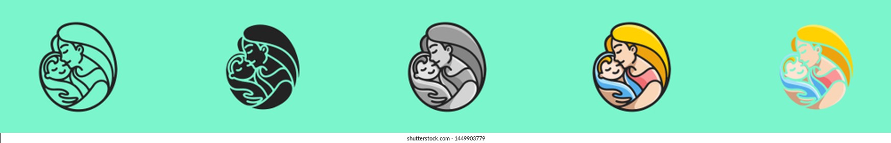 Mother holding a little baby. Concept logo for orphanage, adoption, motherhood project, save child UI UX. Six icons - linear, solid, black and white, color line, multicolored. Flat vector illustration