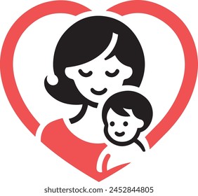 Mother holding little baby with her arm inside heart shaped vector illustration.