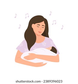 Mother holding a little  baby and 
singing a lullaby. Kids bedtime, sleep hygiene, happy childhood Vector flat illustration