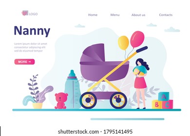 Mother holding little boy. Babysitter service concept. Stroller with bunch of balloons and toys. Newborn toddler care and nanny occupation. Landing page template. Trendy flat vector illustration