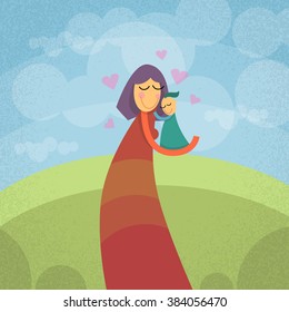 Mother Holding Little Child Embrace Outdoors, Concept Family Love Birth New Life Green Background Vector Illustration