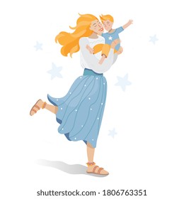 Mother holding little son in her arms.  Happy family relationships. Vector illustration. Mom playing and spending time with little boy. Parent with child happy together. 
Mom shakes son in her arms