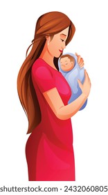 Mother holding newborn baby in arms. Vector cartoon illustration