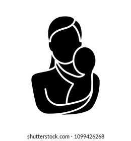 Mother holding newborn baby glyph icon. Childbirth. Motherhood. Silhouette symbol. Negative space. Vector isolated illustration