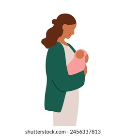 Mother holding newborn baby in hands. Woman, mom carrying infant. Mum with kid, child in arms, profile. Motherhood, tender maternity concept. Flat vector illustration isolated on white background