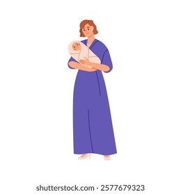 Mother holding newborn baby. Happy woman with wrapped infant in arms. Mom in long dress with sleeping kid in hands. Childbirth, motherhood. Flat vector illustration isolated on white background