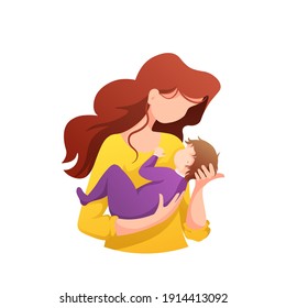 Mother holding newborn baby in her arms. Motherhood, Parenthood, Childhood, Mother's Day, Happy family concept. Isolated vector Illustration for poster, banner, card, cover.