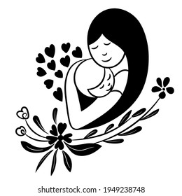 Mother holding a newborn baby with her arm in heart-shaped silhouette with a floral, symbol for Mother's day, vector illustration.