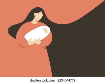 Mother holding newborn baby in her arms. Flat cartoon vector character. Concept of pregnancy and motherhood perfect for banner, Mother's day card, poster. Empty space for text