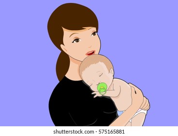 Mother holding newborn baby illustration: