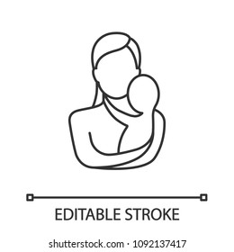 Mother holding newborn baby linear icon  Thin line illustration  Childbirth  Motherhood  Contour symbol  Vector isolated outline drawing  Editable stroke
