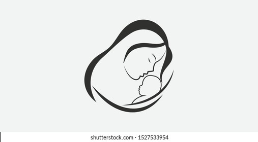 Mother holding newborn baby. Mom and baby care logo design vector icon