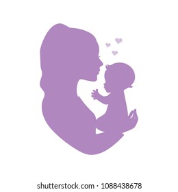 Mother holding newborn baby silhouette vector illustration. Can be used for baby shower invitation card.