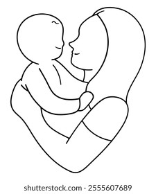 Mother holding a newborn baby. Vector outline icon. Motherhood concept illustration.