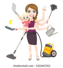 Mother holding newborn baby wearing headset and holding different household and work related objects cleaning cooking and working multitask concept