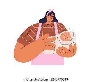 Madre sosteniendo al bebé recién nacido. Mujer mamá con un bebé en brazos. Agradable niño durmiendo en manos de mamá. Feliz maternidad, concepto de maternidad. Ilustración vectorial plana aislada en fondo blanco