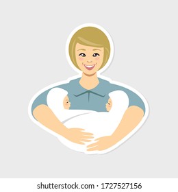 Mother holding newborn twins. Vector flat illustration