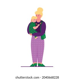 Mother holding scared little child and comforting him in his arms - cartoon woman hugging sad toddler son isolated on white background. Flat vector illustration.