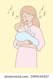 Mother holding sleeping baby in arms, singing lullaby to newborn.   Mom soothing infant before bedtime, feeling happiness of motherhood. Hand drawn flat cartoon character vector illustration.