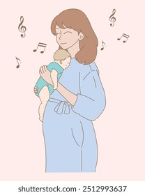 Mother holding sleeping baby in arms, singing lullaby to newborn.   Mom soothing infant before bedtime, feeling happiness of motherhood. Hand drawn flat cartoon character vector illustration.