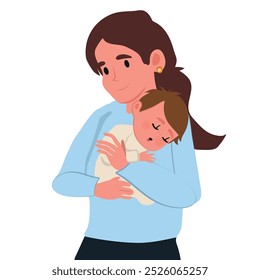 Mother holding sleeping baby in her arms and feeling the happiness of motherhood. Happy woman who became a mother to help a child who needs rest. vector illustration.