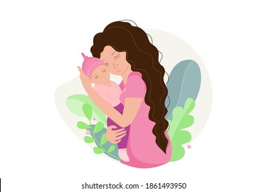 Mother holding sleeping baby. Stock vector illustration.