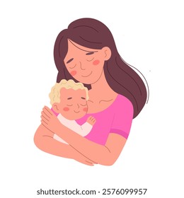 Mother holding a small child in her arms. The image conveys the warmth, love, and care of motherhood. Suitable for use in designs related to family, childhood, Mother's Day, children's products