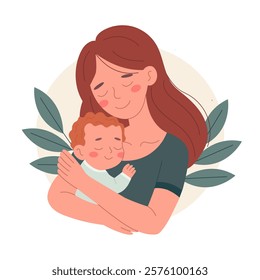 Mother holding a small child in her arms. The image conveys the warmth, love, and care of motherhood. Suitable for use in designs related to family, childhood, Mother's Day, children's products, socia