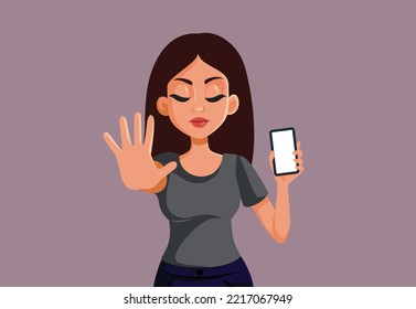 
Mother Holding A Smartphone Refusing Screen Time Vector Illustration. Parent Using Authoritarian Style Punishing And Grounding Taking Phone Away
