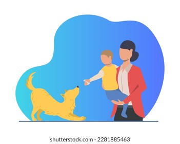 Mother holding son giving bone to puppy vector illustration. Cartoon drawing of woman with boy giving treat to homeless dog. Pets or domestic animals, family, animal care, adoption concept