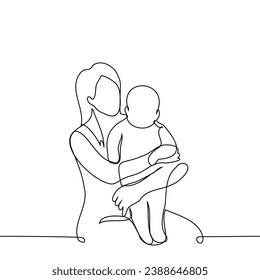 mother holds a baby in arms, who stands with legs on the lap - one line art vector. concept of caring for the baby, parent on maternity leave to care for the child